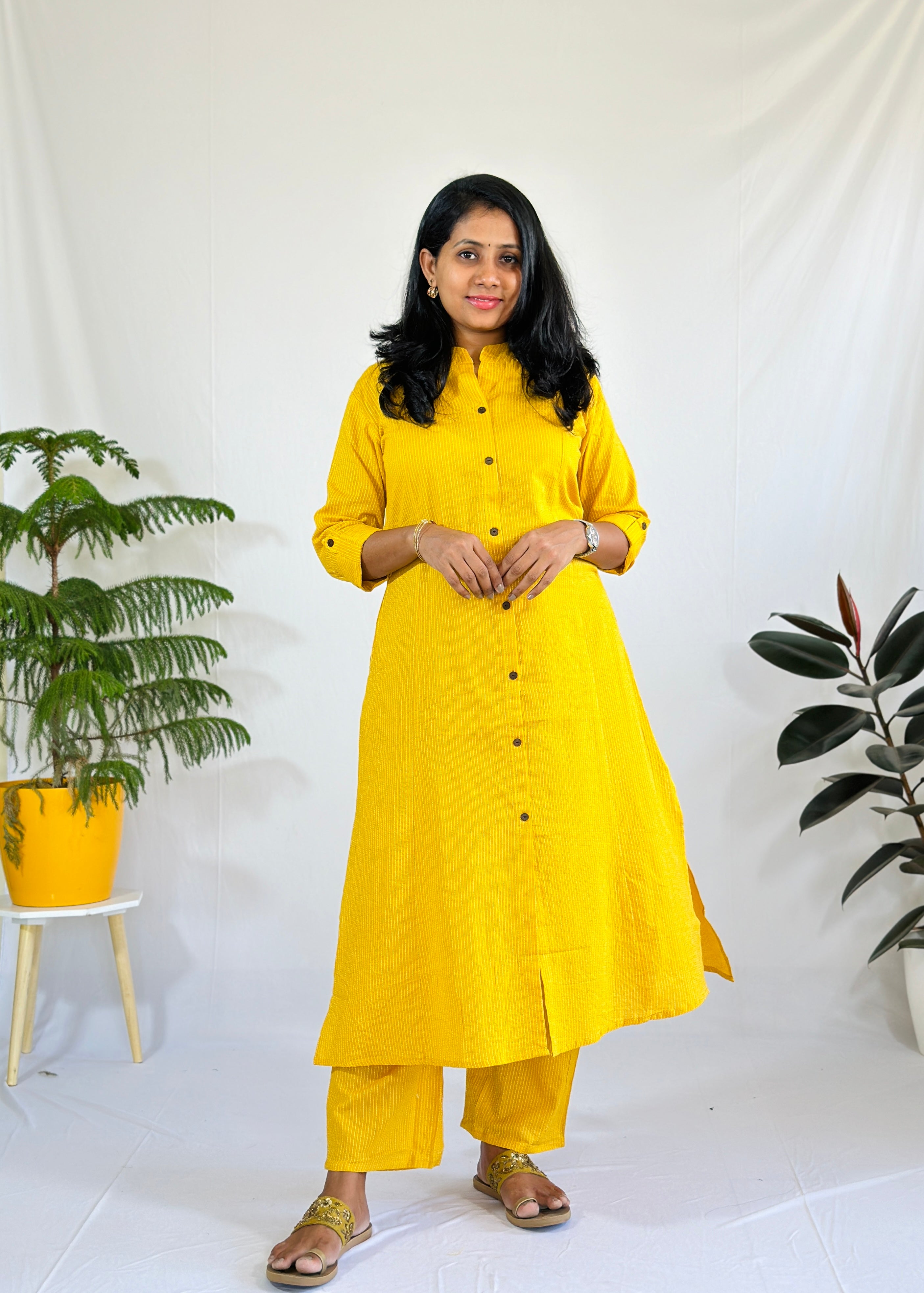 Yellow Printed A Line Kurta Trouser Set