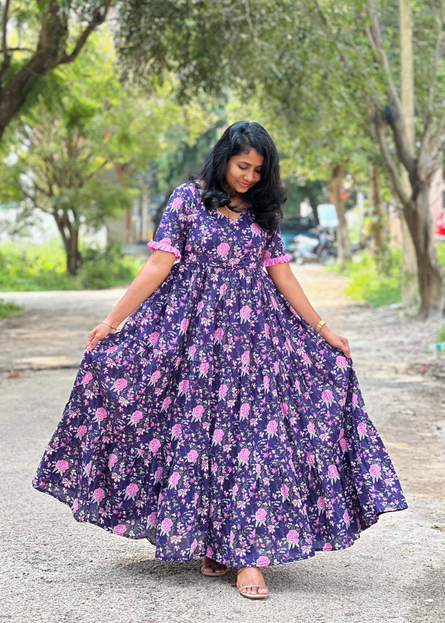 Blue Rose 3 Tier Cotton Maxi Dress