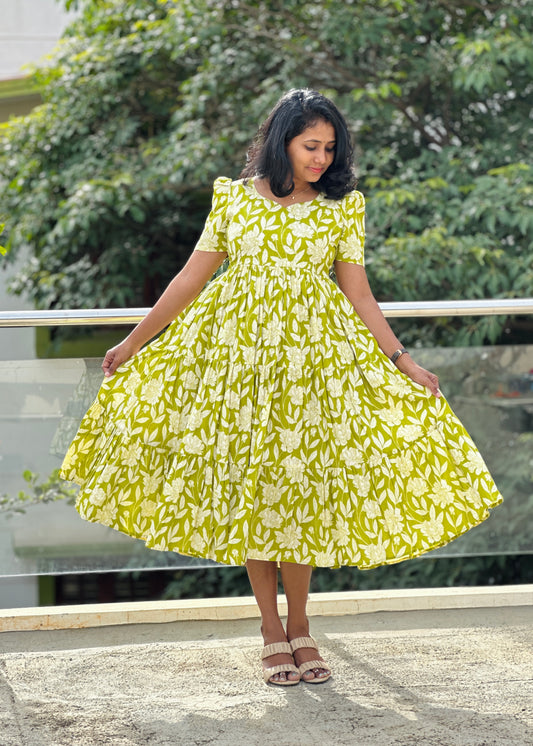 Lime Blossom 3-Tiered Cotton Midi Dress