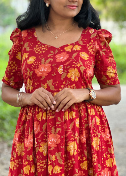 Cherry Petals Red Floral Cotton Maxi Dress