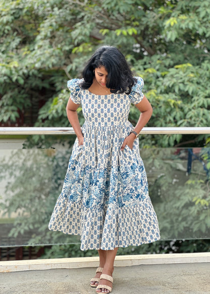 Azure Harmony 3-Tiered Cotton midi Dress