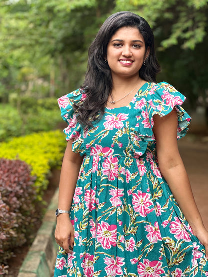 Jolene Teal Floral Printed Cotton Midi Dress