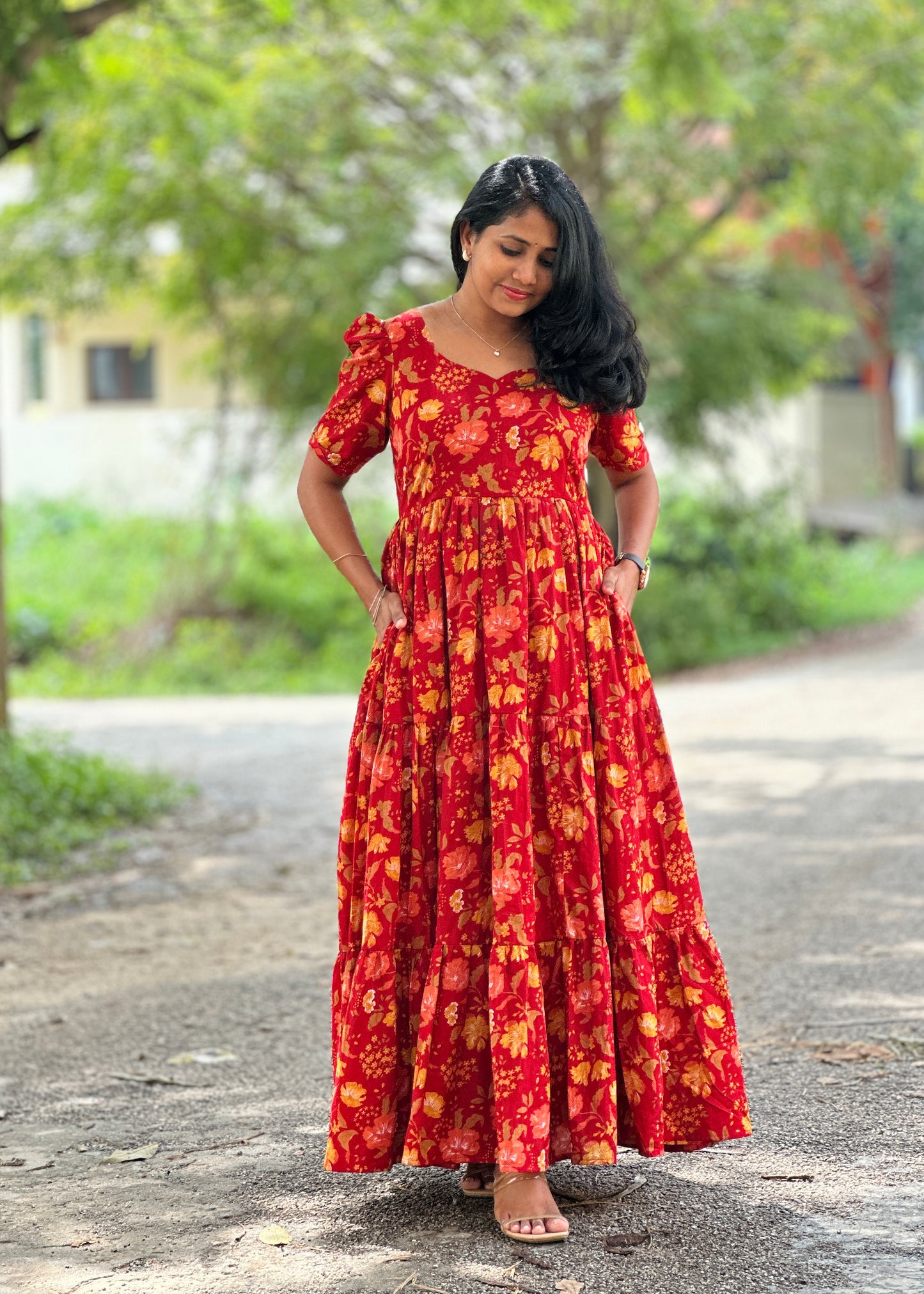 Cherry Petals Red Floral Cotton Maxi Dress