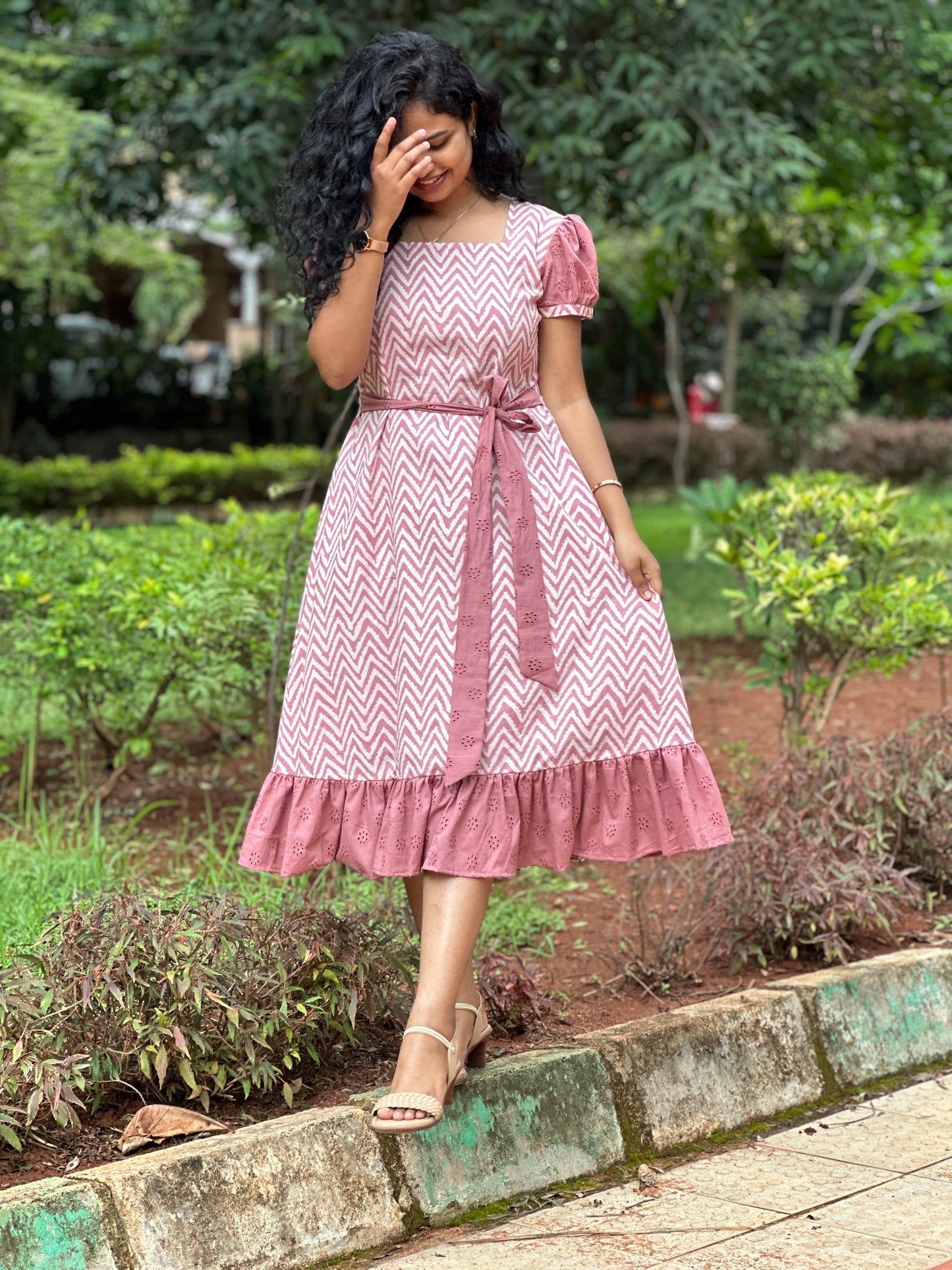 Monica A line Cotton Midi Dress with Schffili Ruffles