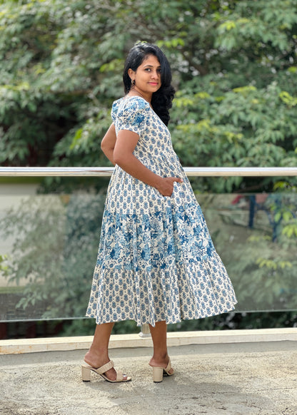 Azure Harmony 3-Tiered Cotton midi Dress