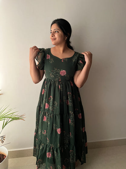 Green Petals 3 Tiered Georgette Dress