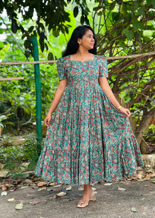 Floral Teal 3-Tiered Cotton Midi Dress