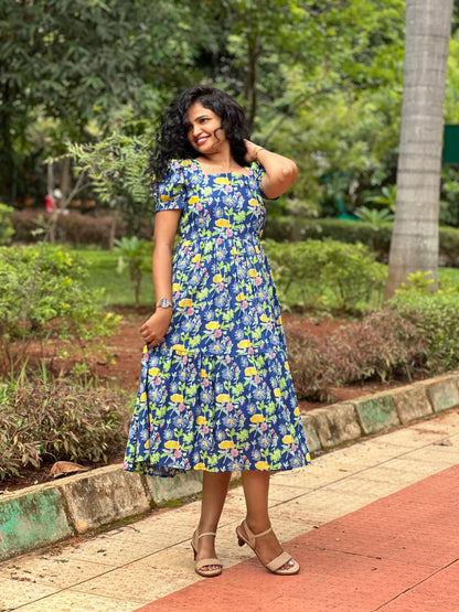 Tina Blue Floral Cotton Midi Dress