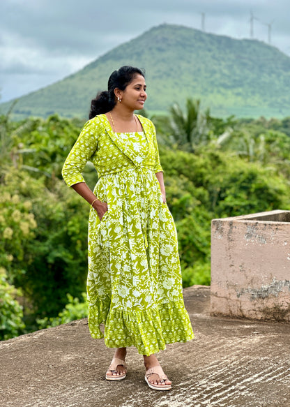 Midori Lime Green Maxi Dress with Overcoat