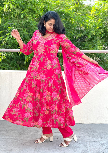 Pink Floral Mul Mul Kurta Set