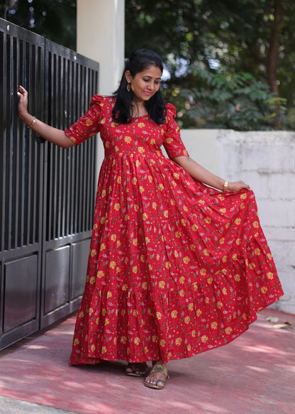 Maaya Red Floral Cotton Maxi Dress