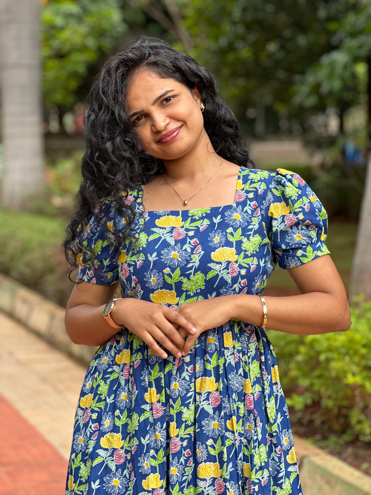 Tina Blue Floral Cotton Midi Dress