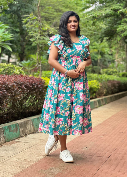 Jolene Teal Floral Printed Cotton Midi Dress