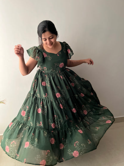 Green Petals 3 Tiered Georgette Dress