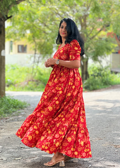 Cherry Petals Red Floral Cotton Maxi Dress