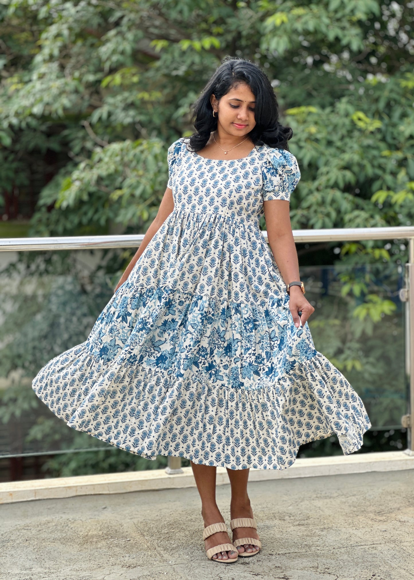 Azure Harmony 3-Tiered Cotton midi Dress