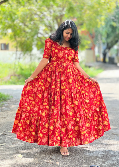 Cherry Petals Red Floral Cotton Maxi Dress