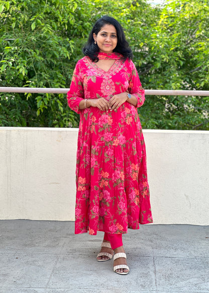 Pink Floral Mul Mul Kurta Set