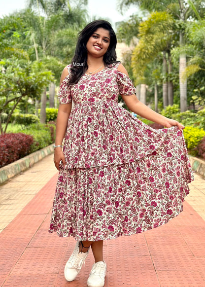 Diya Cream and Wine Floral Rayon Midi Dress