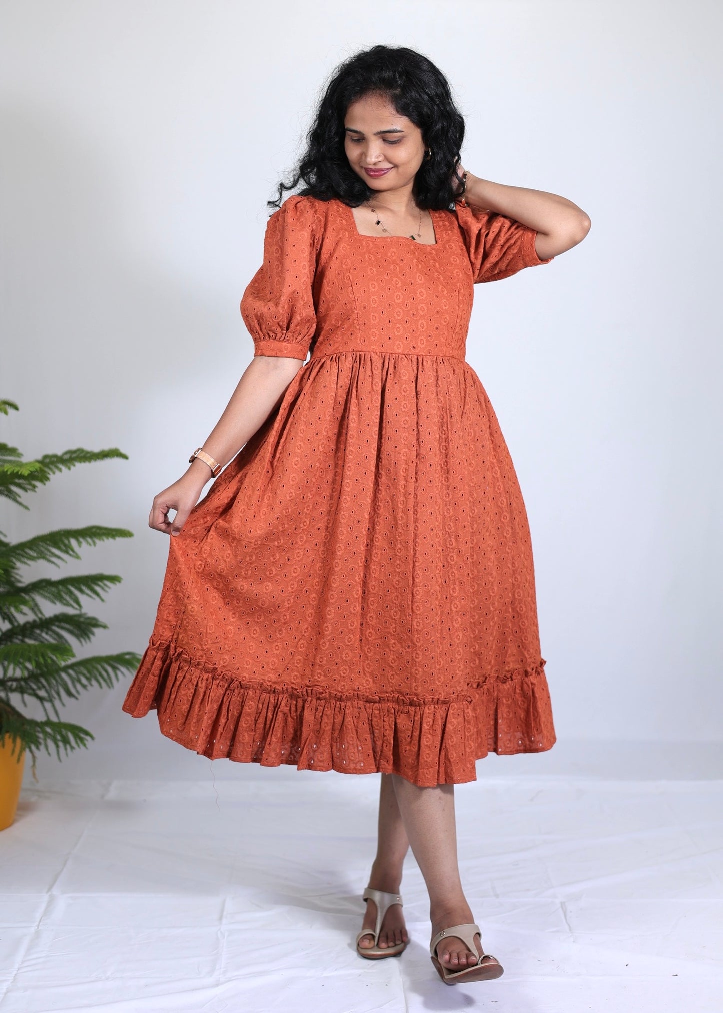 Siya Rust Orange Color Hakoba Midi Dress