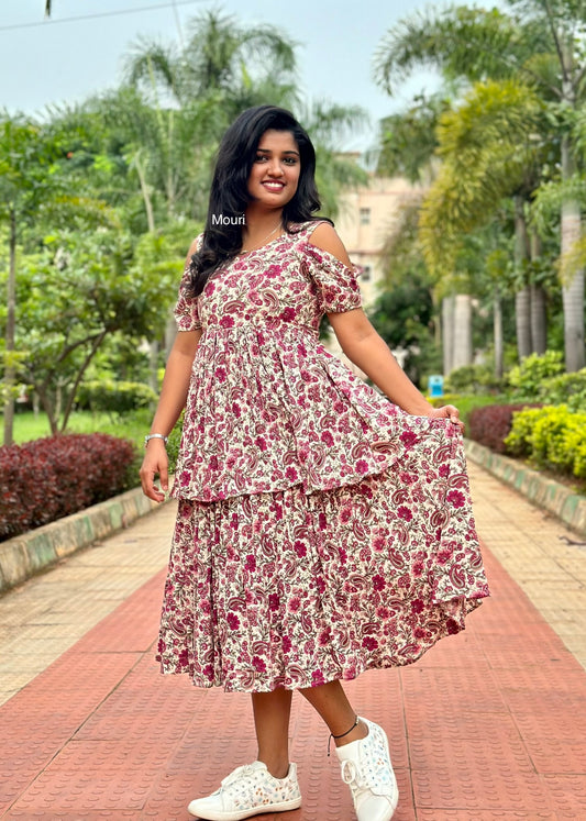 Diya Cream and Wine Floral Rayon Midi Dress