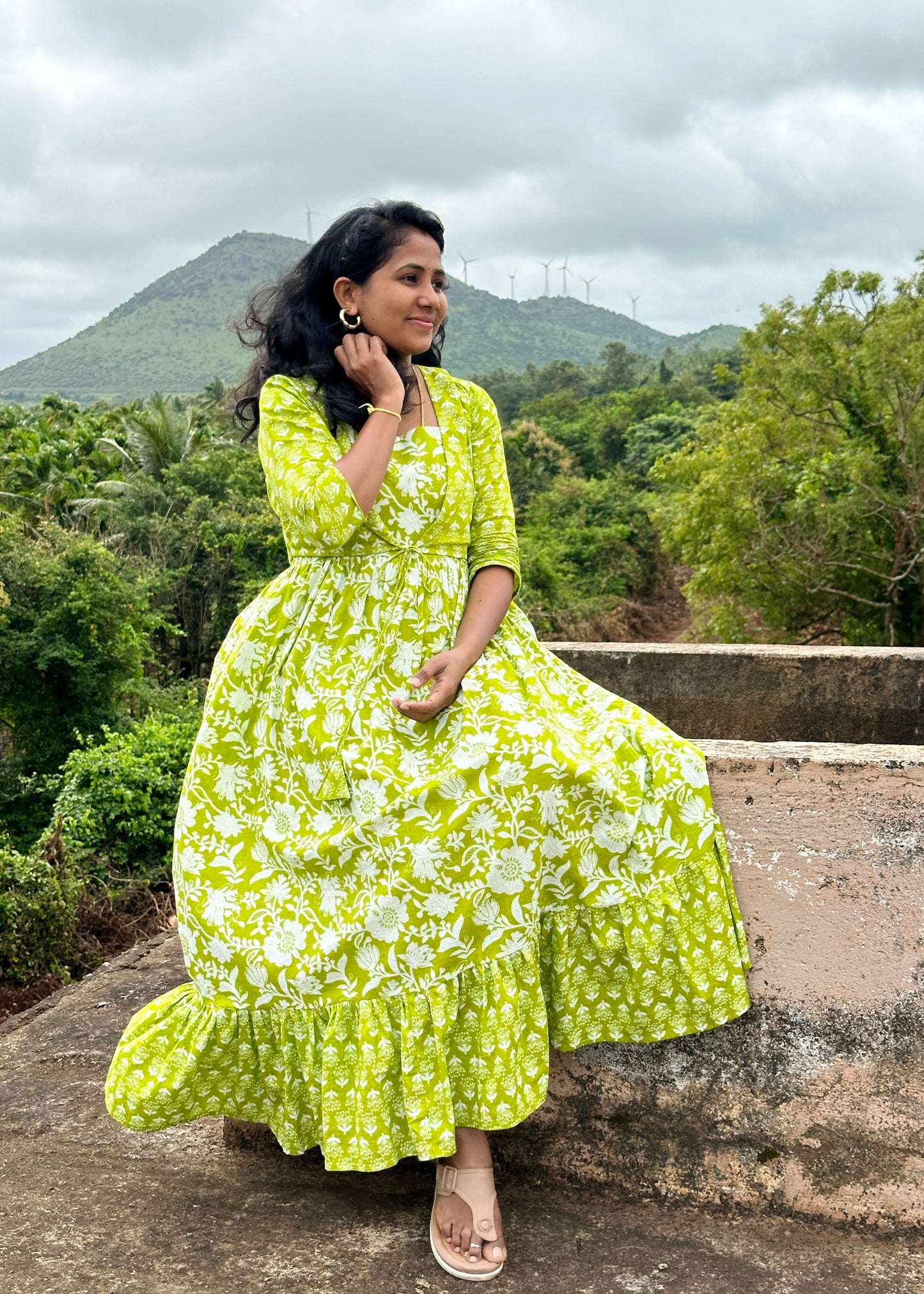 Midori Lime Green Maxi Dress with Overcoat