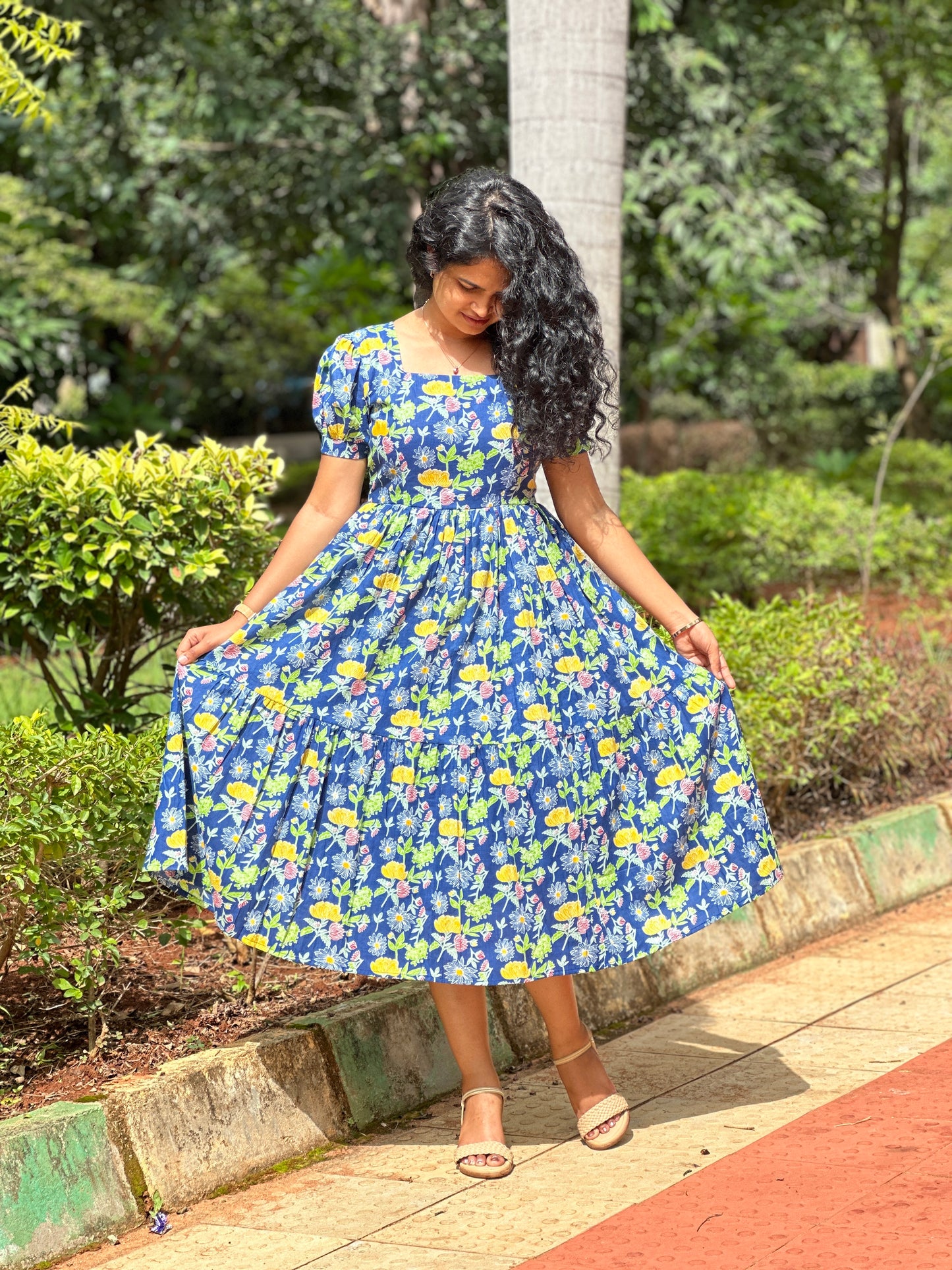 Tina Blue Floral Cotton Midi Dress