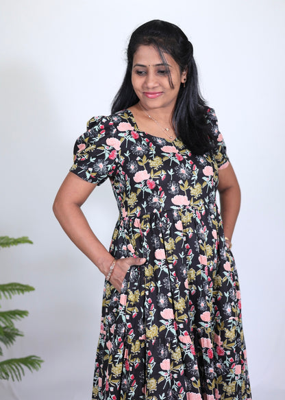 Maisha Black Floral Cotton Maxi Dress