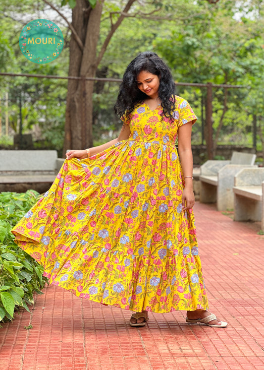 Hazel Yellow Floral Cotton 3 Tier Maxi Dress