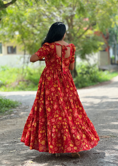 Cherry Petals Red Floral Cotton Maxi Dress