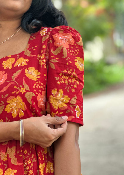 Cherry Petals Red Floral Cotton Maxi Dress