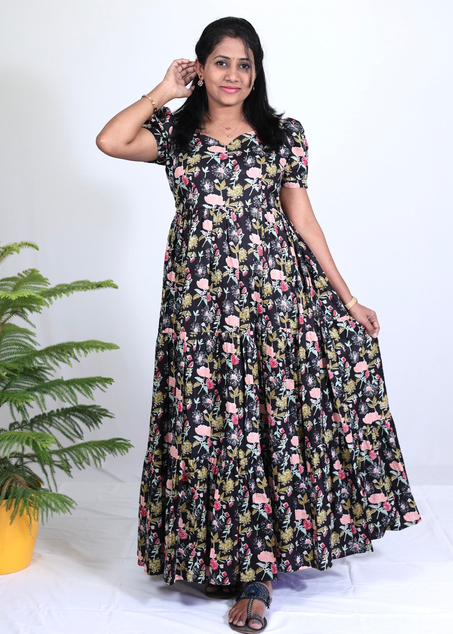 Maisha Black Floral Cotton Maxi Dress