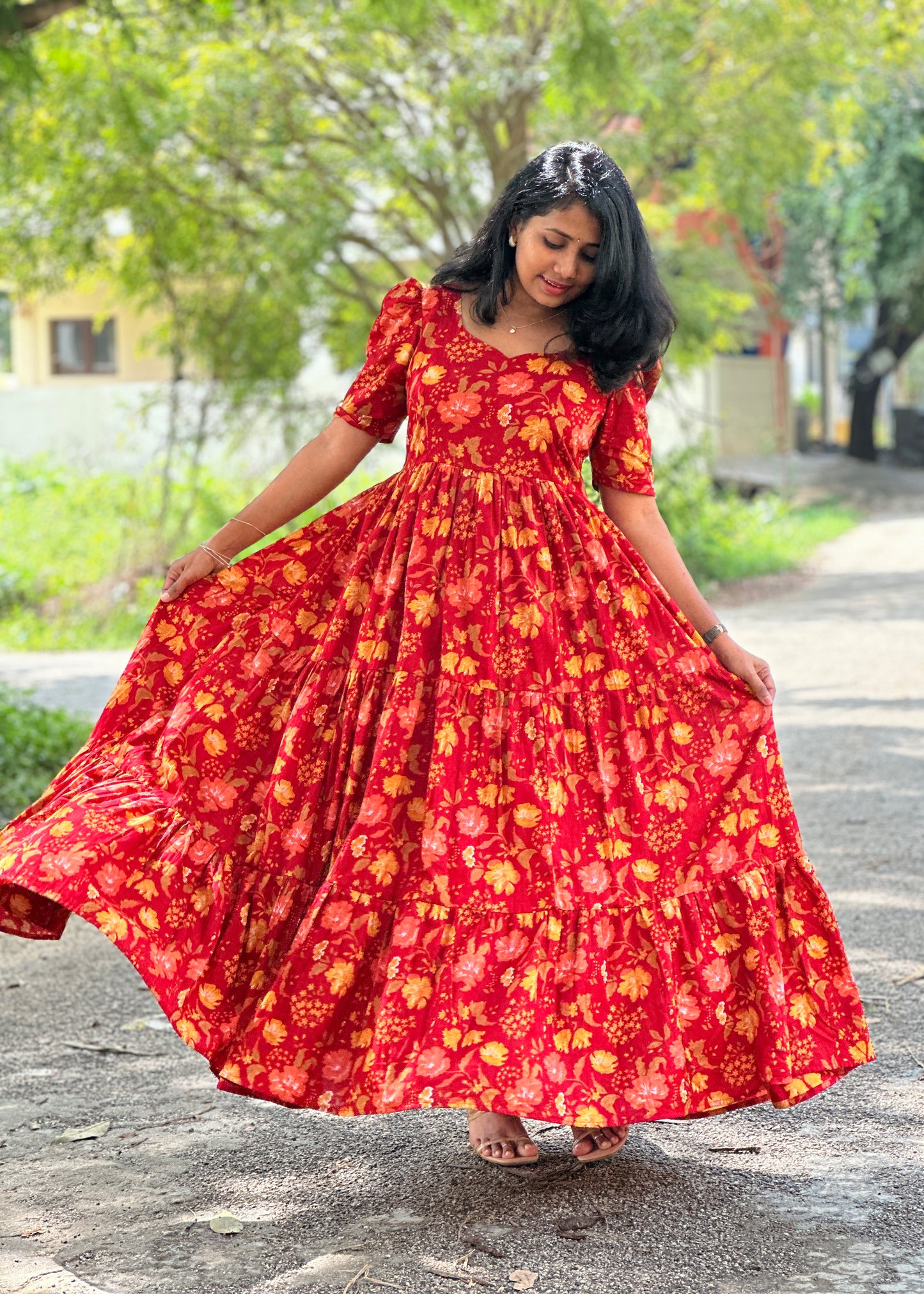 Cherry Petals Red Floral Cotton Maxi Dress