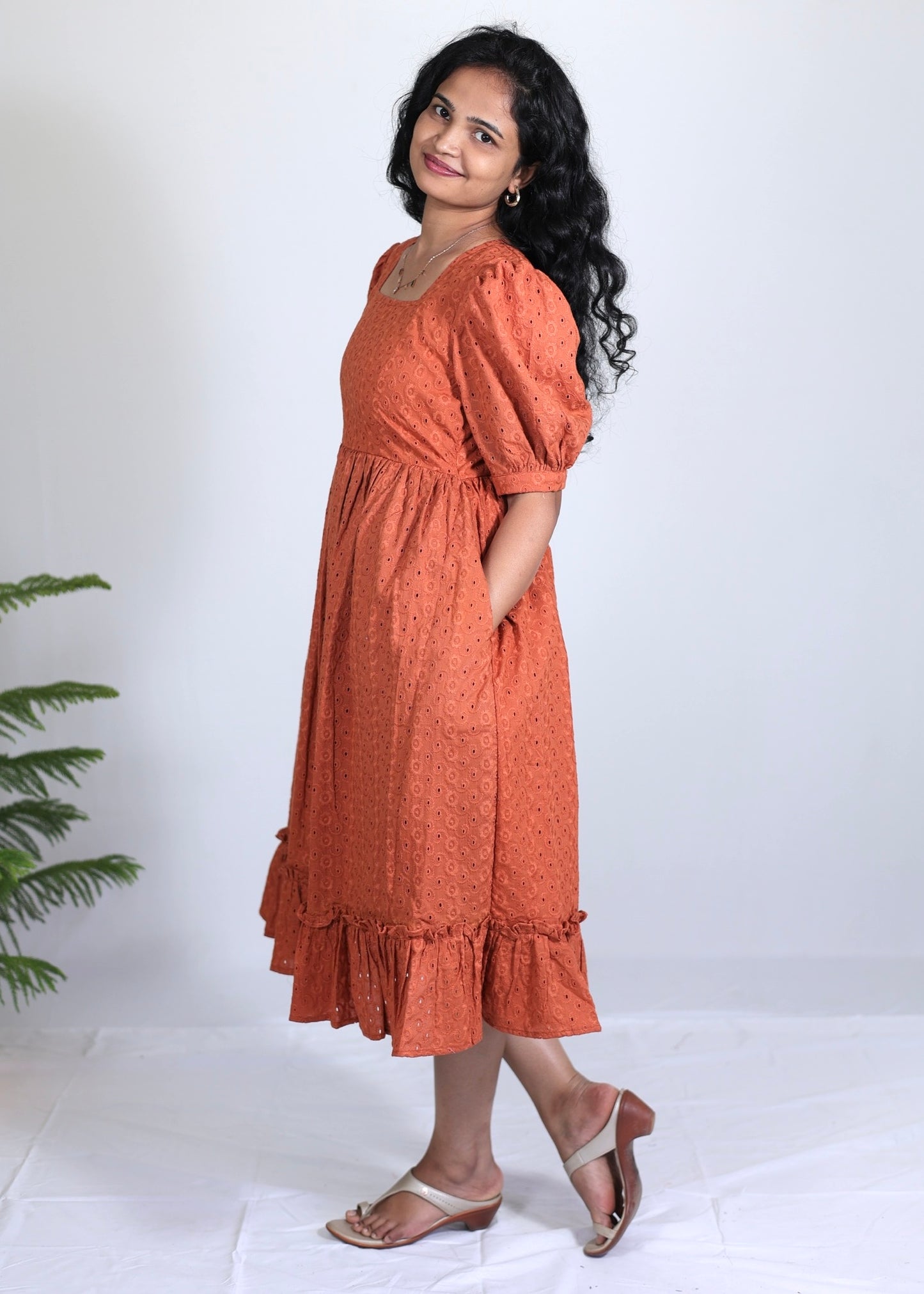 Siya Rust Orange Color Hakoba Midi Dress