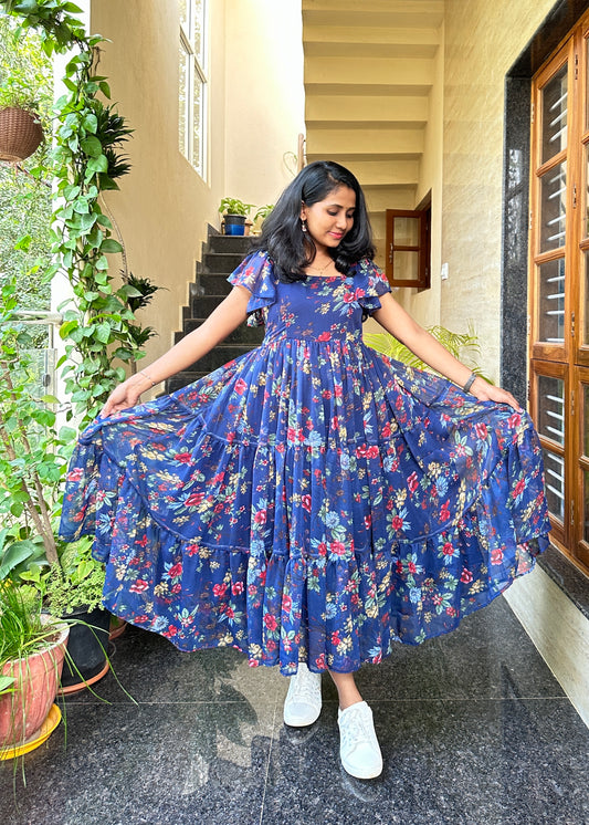 Nyra Blue Floral Midi Dress