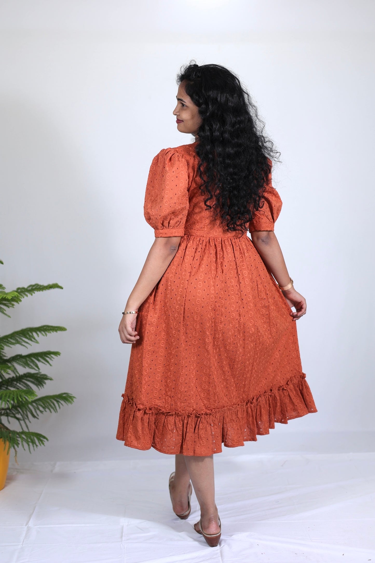 Siya Rust Orange Color Hakoba Midi Dress