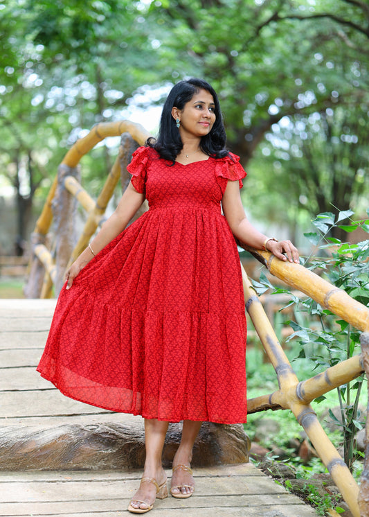 Crimson Ruffle Delight Midi Dress