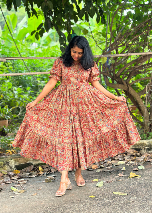 Brown Petals 3-Tiered Cotton Midi Dress