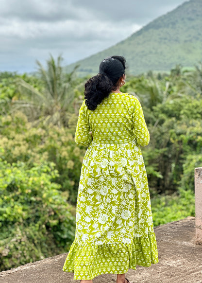 Midori Lime Green Maxi Dress with Overcoat