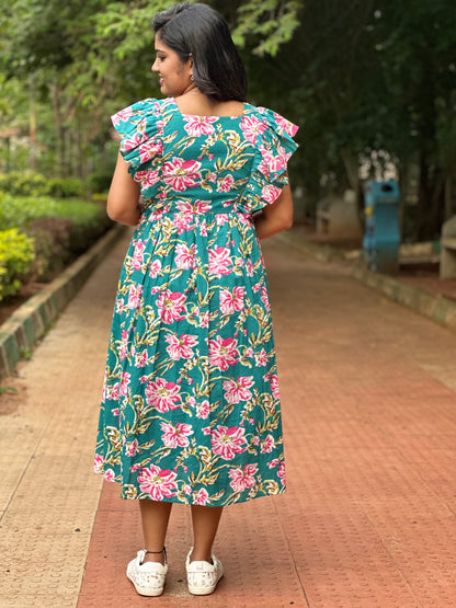 Jolene Teal Floral Printed Cotton Midi Dress