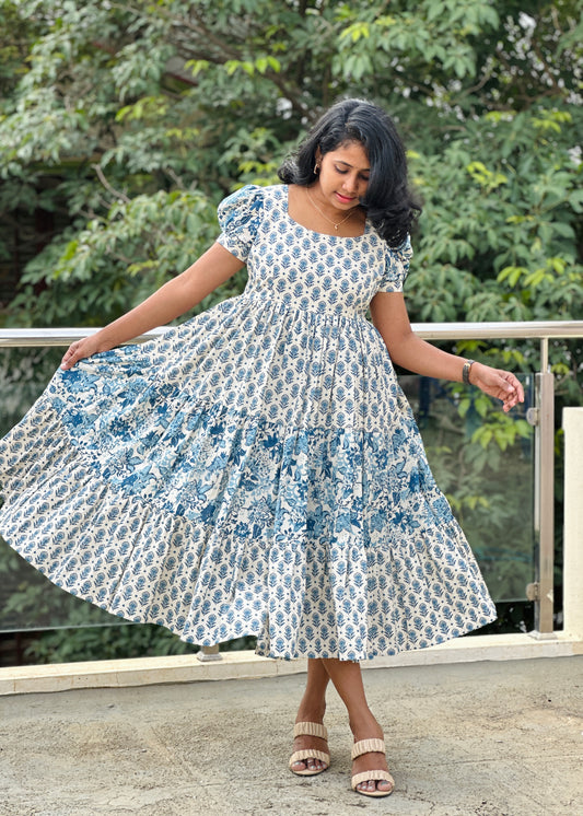 Azure Harmony 3-Tiered Cotton midi Dress