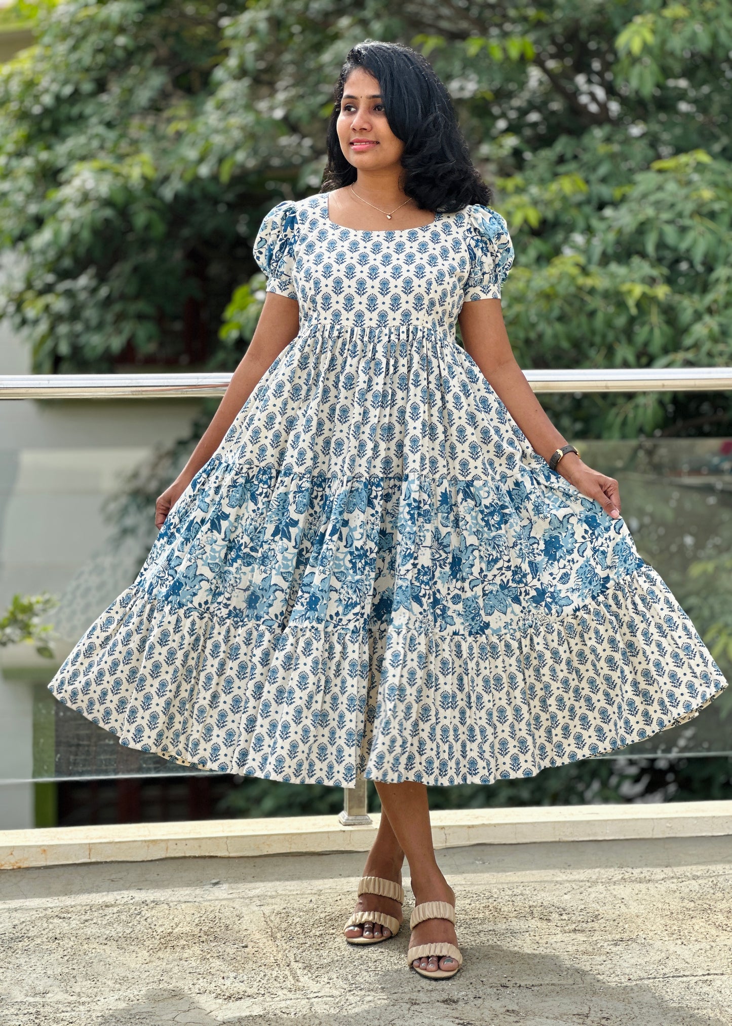 Azure Harmony 3-Tiered Cotton midi Dress