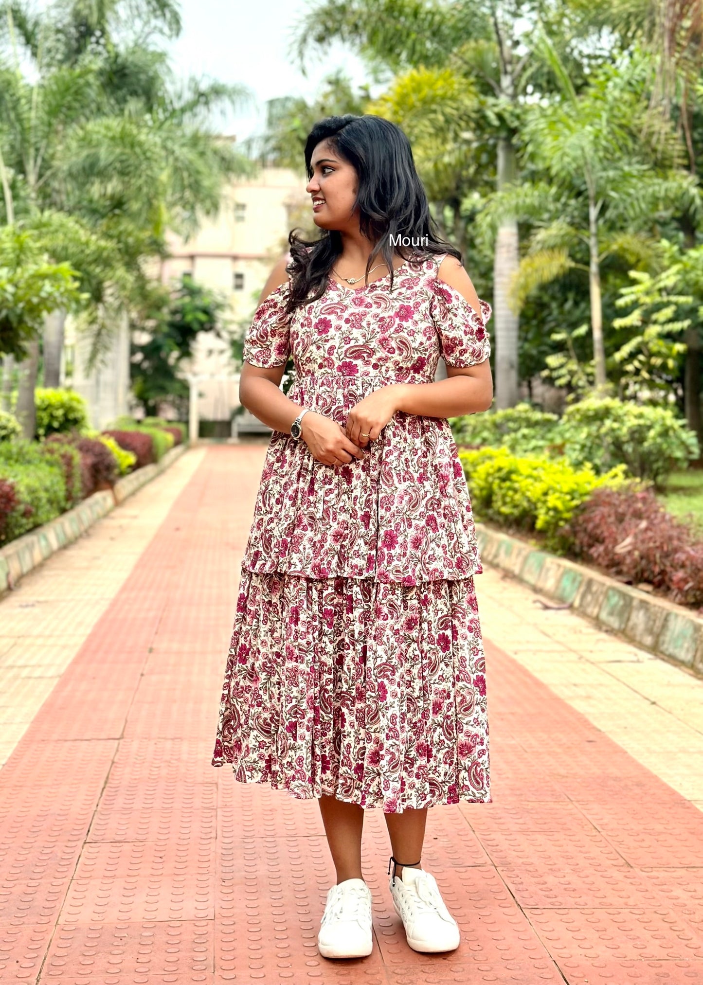 Diya Cream and Wine Floral Rayon Midi Dress