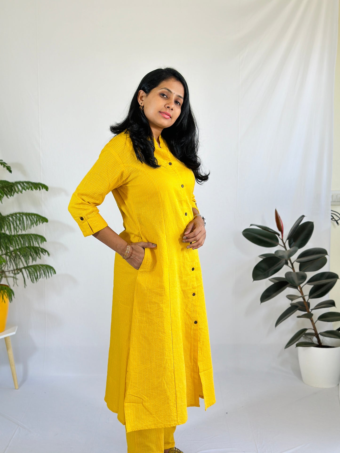 Yellow A line Kurta with Pants