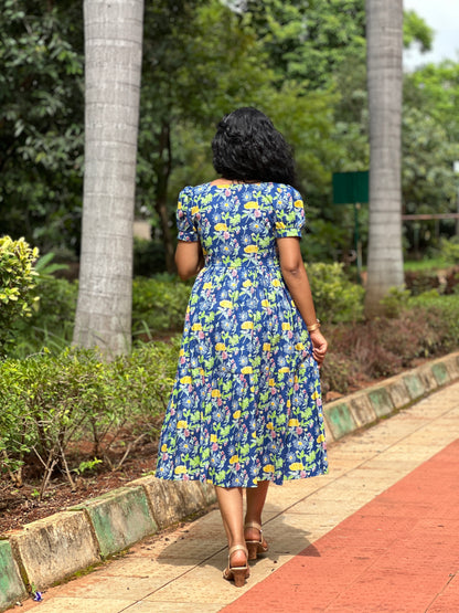 Tina Blue Floral Cotton Midi Dress