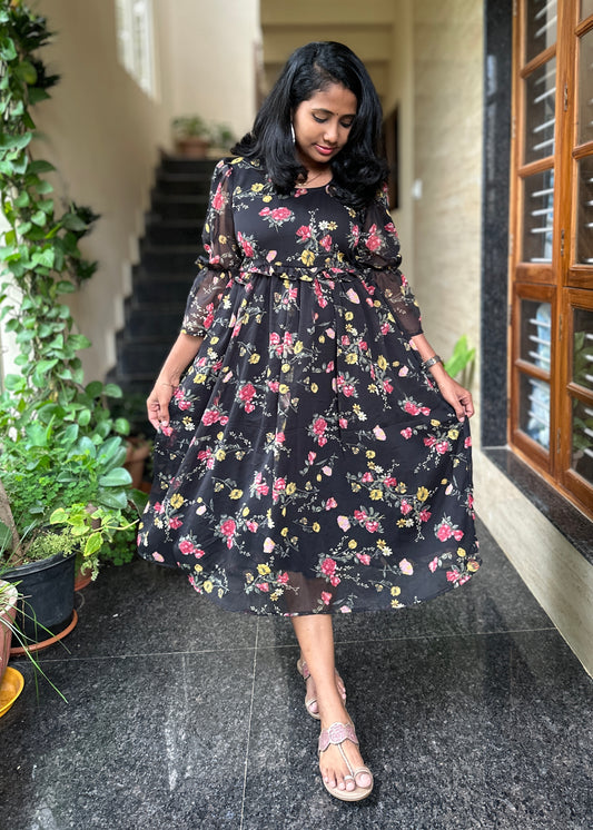 Tiya Black  Floral Georgette Midi Dress