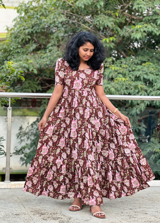 Ashvi Brown Floral Cotton 3 Tier Maxi Dress