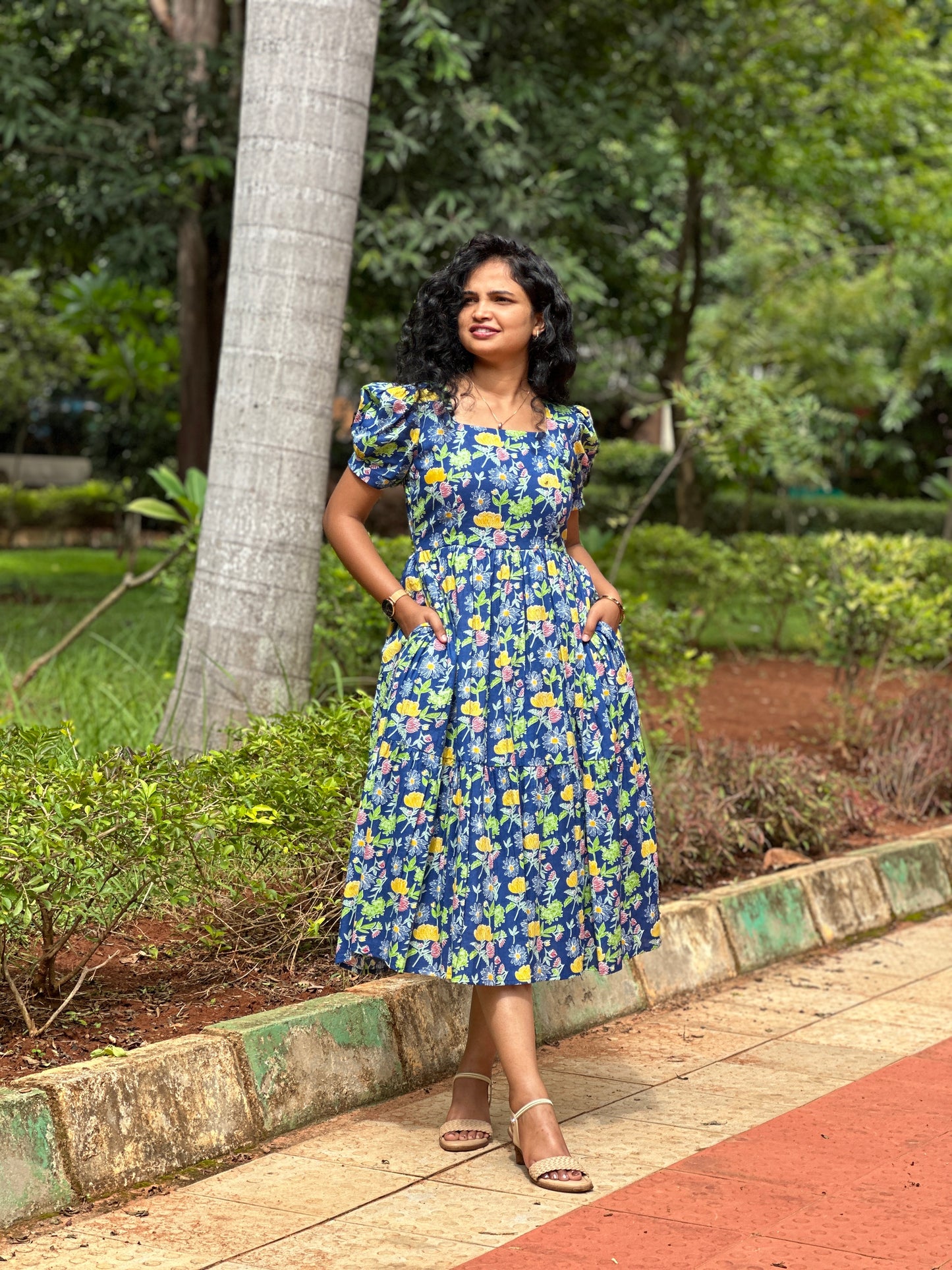 Tina Blue Floral Cotton Midi Dress