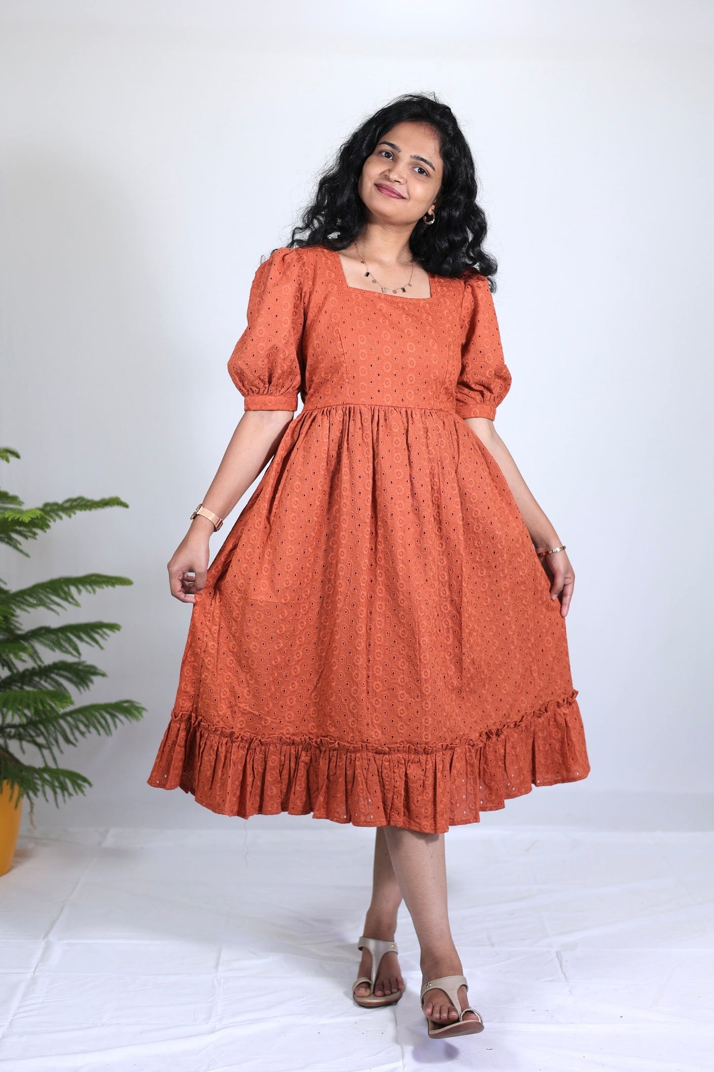 Siya Rust Orange Color Hakoba Midi Dress