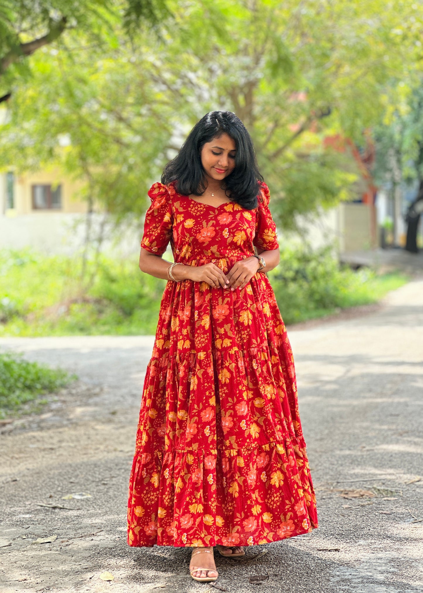 Cherry Petals Red Floral Cotton Maxi Dress